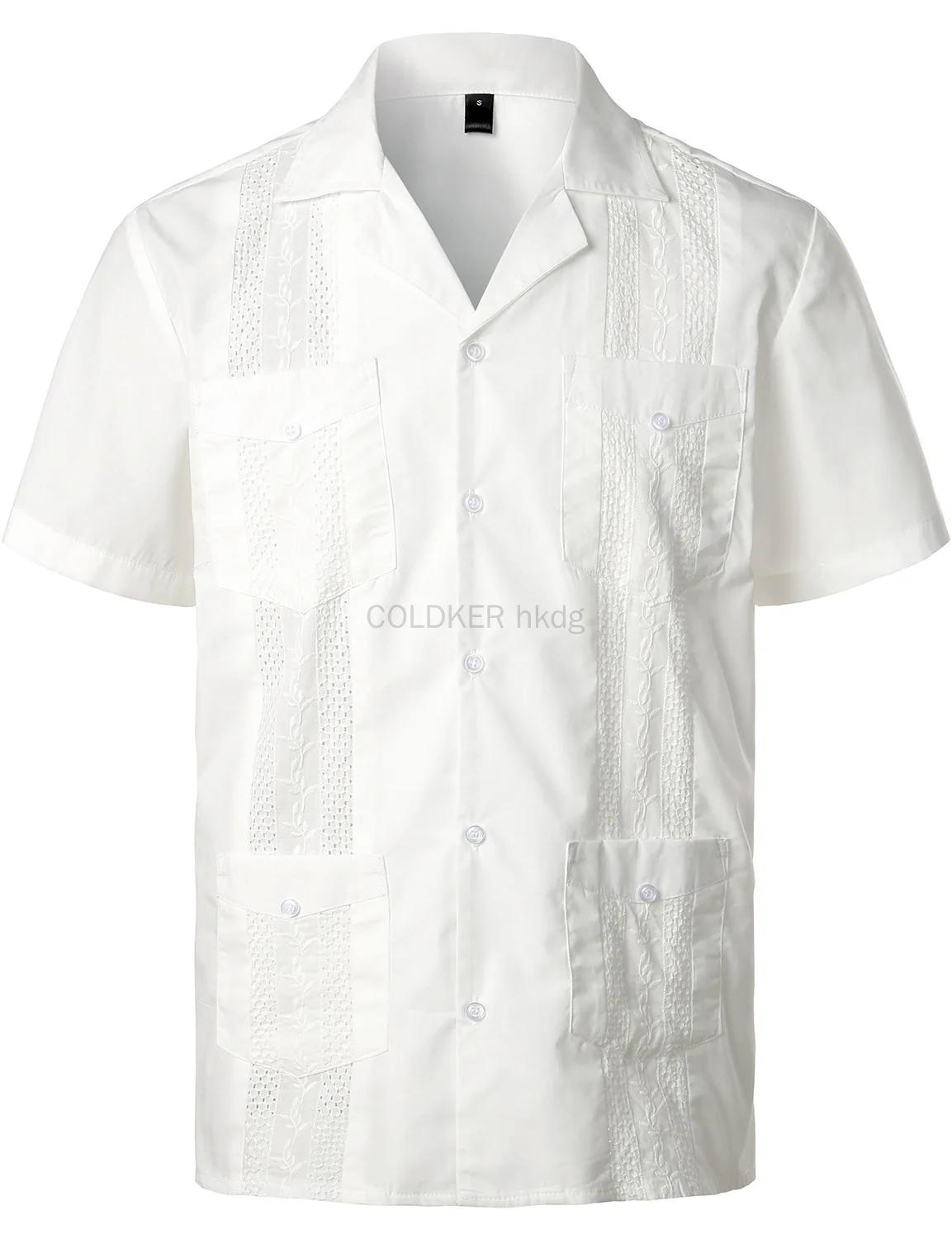 남성용 화이트 반팔 단추 다운 쿠바 과야베라 셔츠, 면 포멀 셔츠, 남아용 전통 여름 해변 상의